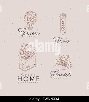 Hand drawn hot air balloon, test tube, hand, toaster labels drawing in floral style with brown on pink background Stock Vector