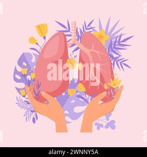 Lung health support and care, pulmonology checkup and therapy for respiratory disease. Hands holding healthy human lungs in blooming tropical flowers, plants to protect cartoon vector illustration Stock Vector