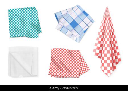 Gingham tablecloths and kitchen towels set. 3D realistic folded table cloth collection with plaid pattern, handkerchief and hanging linen napkin in top and side view cartoon vector illustration Stock Vector