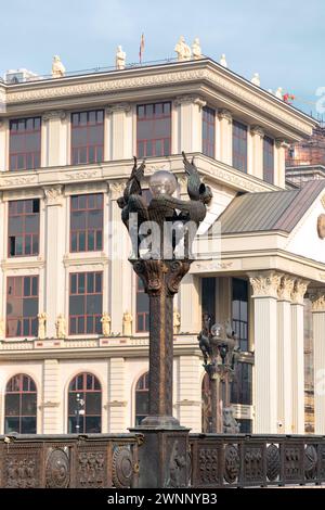 Skopje, North Macedonia - 7 FEB 2024:  Urban landscaping and architecture around Vardar River in Skopje, the capital of North Macedonia. Stock Photo