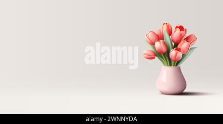 Realistic illustration of flowers tulips bouquet in a vase, pink flowers in light pot, 3d render composition Stock Vector