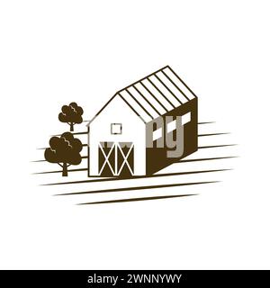 Farm house on field in retro woodcut style, rural barn and trees vector illustration Stock Vector