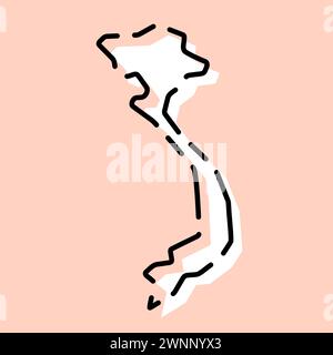 Vietnam country simplified map. White silhouette with black broken contour on pink background. Simple vector icon Stock Vector