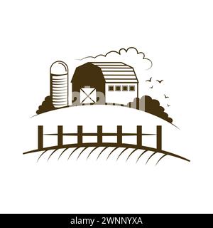 Farm landscape with village house, grain elevator and trees behind fence vector illustration Stock Vector