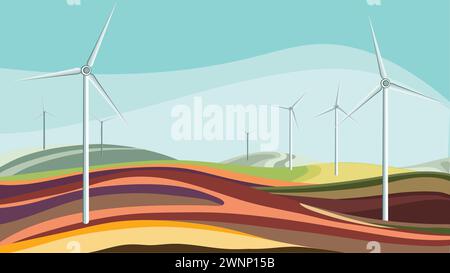 Wind turbines stand tall against the backdrop of lush greenery. Renewable energy, green energy, ecology, nature and technology concepts. Stock Vector