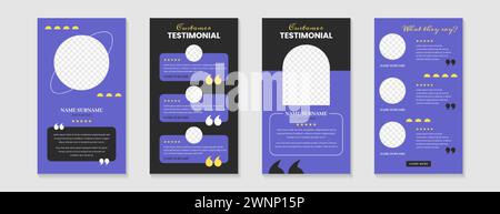 Customer service review template or feedback story template design. Vector set of blue testimonial posts for social media. Web banners of client satisfaction with short quote and star rating. Stock Vector