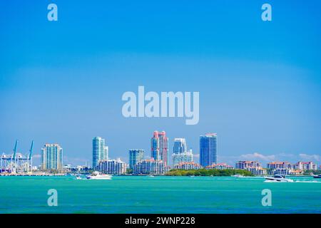 Miami Beach seen from west side including port and Fisher Island Stock Photo