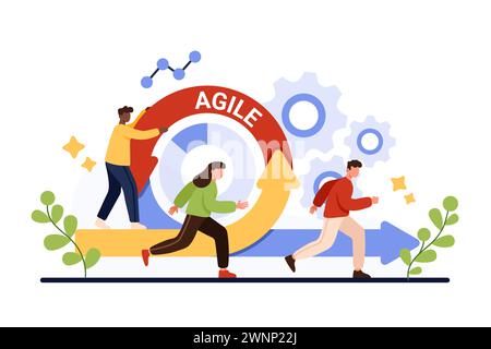 Agile methodology for digital project management and development process, daily work. Tiny nimble people running fast near circular flexible arrow of agile method cartoon vector illustration Stock Vector