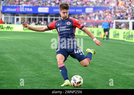 Foxborough Massachusetts, USA. 3rd Mar, 2024. Massachusetts, USA; New England Revolution attacker Esmir Bajraktarevic (47) kicks the ball during the second half against the Toronto FC in Foxborough Massachusetts. Mandatory credit Eric Canha/CSM/Alamy Live News Stock Photo