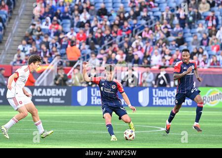 Foxborough Massachusetts, USA. 3rd Mar, 2024. Massachusetts, USA; New England Revolution attacker Esmir Bajraktarevic (47) controls the ball against the Toronto FC during the second half in Foxborough Massachusetts. Mandatory credit Eric Canha/CSM/Alamy Live News Stock Photo