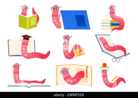 Cute bookworms set. Pink smart worms with glasses and graduation cap reading paper science books from library or bookstore stack, happy animal nerd studying and sleeping cartoon vector illustration Stock Vector