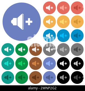 Volume up multi colored flat icons on round backgrounds. Included white, light and dark icon variations for hover and active status effects, and bonus Stock Vector