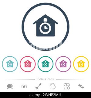 Cuckoo clock solid flat color icons in round outlines. 6 bonus icons included. Stock Vector
