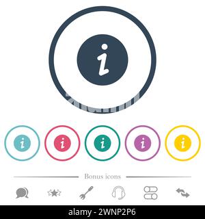 Information point solid flat color icons in round outlines. 6 bonus icons included. Stock Vector