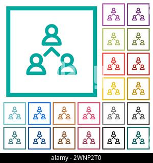 Networking business group outline flat color icons with quadrant frames on white background Stock Vector