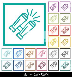 Binoculars outline flat color icons with quadrant frames on white background Stock Vector