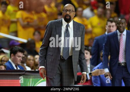 College Park, MD, USA. 03rd Mar, 2024. Indiana Hoosiers head coach Mike Woodson looks on during the NCAA basketball game between the Indiana Hoosiers and the Maryland Terrapins at Xfinity Center in College Park, MD. Reggie Hildred/CSM/Alamy Live News Stock Photo