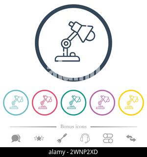 Desk lamp outline flat color icons in round outlines. 6 bonus icons included. Stock Vector