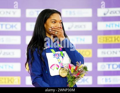 USA's Tara Davis-Woodhall celebrates gold on the podium for the Women's Long Jump during day three of the World Indoor Athletics Championships at the Emirates Arena, Glasgow. Picture date: Sunday March 3, 2024. Stock Photo