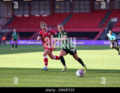 Bristol, UK. 03rd Mar, 2024. Bristol, England, March 3rd 2024 Julia Zigiotti (10 Brighton) looks to control the ball ahead of defender Emily Syme (16 Bristol City) during the Barclays FA Womens Super League game between Bristol City and Brighton & Hove Albion at Ashton Gate in Bristol, England. (BEast/SPP) Credit: SPP Sport Press Photo. /Alamy Live News Stock Photo