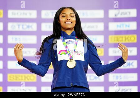 USA's Tara Davis-Woodhall celebrates gold on the podium for the Women's Long Jump during day three of the World Indoor Athletics Championships at the Emirates Arena, Glasgow. Picture date: Sunday March 3, 2024. Stock Photo