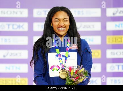 USA's Tara Davis-Woodhall celebrates gold on the podium for the Women's Long Jump during day three of the World Indoor Athletics Championships at the Emirates Arena, Glasgow. Picture date: Sunday March 3, 2024. Stock Photo