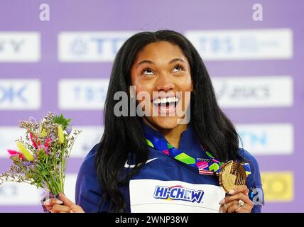 USA's Tara Davis-Woodhall celebrates gold on the podium for the Women's Long Jump during day three of the World Indoor Athletics Championships at the Emirates Arena, Glasgow. Picture date: Sunday March 3, 2024. Stock Photo