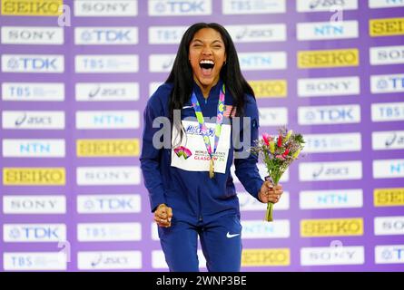 USA's Tara Davis-Woodhall celebrates gold on the podium for the Women's Long Jump during day three of the World Indoor Athletics Championships at the Emirates Arena, Glasgow. Picture date: Sunday March 3, 2024. Stock Photo