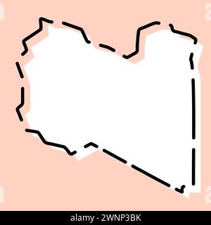 Libya country simplified map. White silhouette with black broken contour on pink background. Simple vector icon Stock Vector