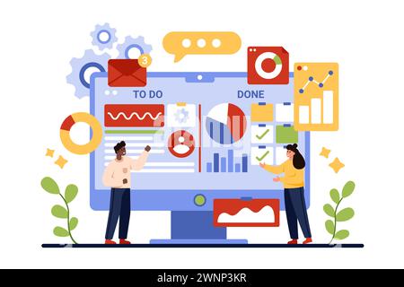 Kanban board, software for visual agile project management method. Tiny people check infographic digital charts, list and notes online for analysis and interaction cartoon vector illustration Stock Vector