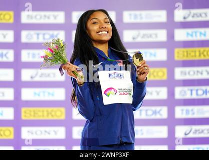 USA's Tara Davis-Woodhall celebrates gold on the podium for the Women's Long Jump during day three of the World Indoor Athletics Championships at the Emirates Arena, Glasgow. Picture date: Sunday March 3, 2024. Stock Photo