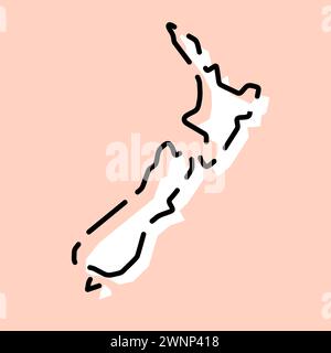 New Zealand country simplified map. White silhouette with black broken contour on pink background. Simple vector icon Stock Vector