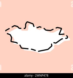 Mongolia country simplified map. White silhouette with black broken contour on pink background. Simple vector icon Stock Vector