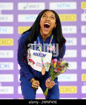 USA's Tara Davis-Woodhall celebrates gold on the podium for the Women's Long Jump during day three of the World Indoor Athletics Championships at the Emirates Arena, Glasgow. Picture date: Sunday March 3, 2024. Stock Photo