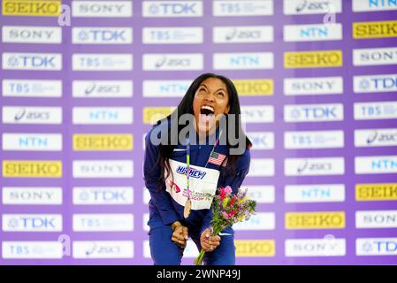 USA's Tara Davis-Woodhall celebrates gold on the podium for the Women's Long Jump during day three of the World Indoor Athletics Championships at the Emirates Arena, Glasgow. Picture date: Sunday March 3, 2024. Stock Photo