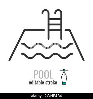 Pool line icon. Linear style swimming pool symbol. Swim with ladder sign. Vacation hotel concept. Editable stroke. Vector graphics illustration EPS 10 Stock Vector
