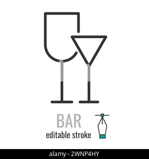 Bar or Pub line icon. Linear style Wine and cocktail Glass symbol. Alcohol drink sign.Editable stroke. Vector graphics illustration EPS 10 Stock Vector