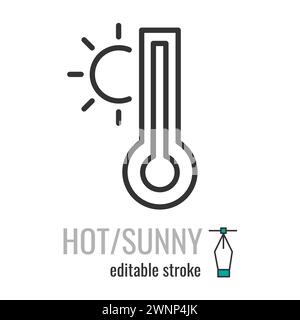 Hot weather thermometer line icon. Linear style sunny summer symbol. temperature sign.Editable stroke. Vector graphics illustration EPS 10. Stock Vector