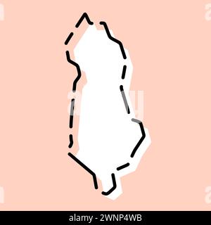 Albania country simplified map. White silhouette with black broken contour on pink background. Simple vector icon Stock Vector