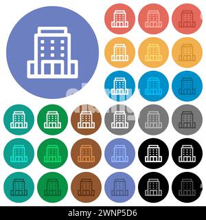 Office building outline multi colored flat icons on round backgrounds. Included white, light and dark icon variations for hover and active status effe Stock Vector