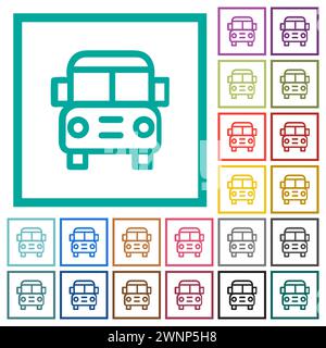 school bus front view outline flat color icons with quadrant frames on white background Stock Vector