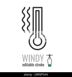 Wind or windy weather line icon. Linear style termometer with cool air symbol. Blowing sign. Editable stroke. Vector graphics illustration EPS 10 Stock Vector