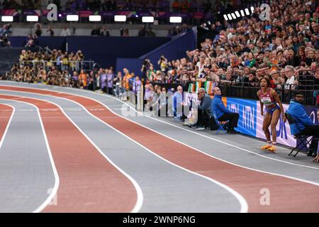 Glasgow on Sunday 3rd March 2024. Tara Davis-Woodhall (USA, Long Jump) shouts in support of the US men competing in the 4x400m relay during the 2024 World Athletics Championships at the Emirates Arena, Glasgow on Sunday 3rd March 2024. (Photo: Pat Scaasi | MI News) Credit: MI News & Sport /Alamy Live News Stock Photo