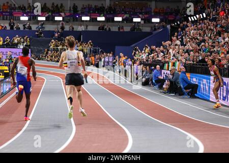 Glasgow on Sunday 3rd March 2024. Tara Davis-Woodhall (USA, Long Jump) shouts in support of the US men competing in the 4x400m relay during the 2024 World Athletics Championships at the Emirates Arena, Glasgow on Sunday 3rd March 2024. (Photo: Pat Scaasi | MI News) Credit: MI News & Sport /Alamy Live News Stock Photo