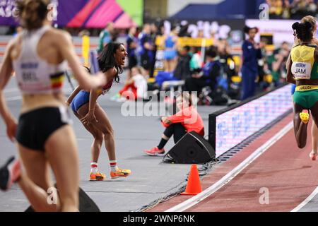 Glasgow on Sunday 3rd March 2024. Tara Davis-Woodhall (USA, Long Jump) shouts in support of the US women competing in the 4x400m relay during the 2024 World Athletics Championships at the Emirates Arena, Glasgow on Sunday 3rd March 2024. (Photo: Pat Scaasi | MI News) Credit: MI News & Sport /Alamy Live News Stock Photo