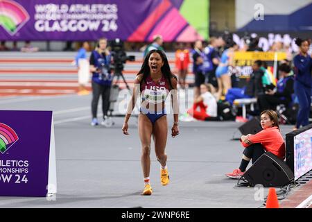 Glasgow on Sunday 3rd March 2024. Tara Davis-Woodhall (USA, Long Jump) shouts in support of the US women competing in the 4x400m relay during the 2024 World Athletics Championships at the Emirates Arena, Glasgow on Sunday 3rd March 2024. (Photo: Pat Scaasi | MI News) Credit: MI News & Sport /Alamy Live News Stock Photo