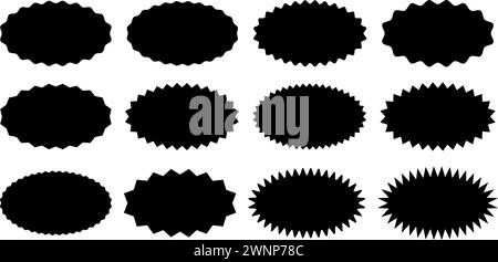 Set or oval shapes with wiggly and zigzag borders. Empty black sale, price, discount, special offer, coupon, promo code stickers. Speech bubbles, messages, text boxes in cartoon style. Stock Vector