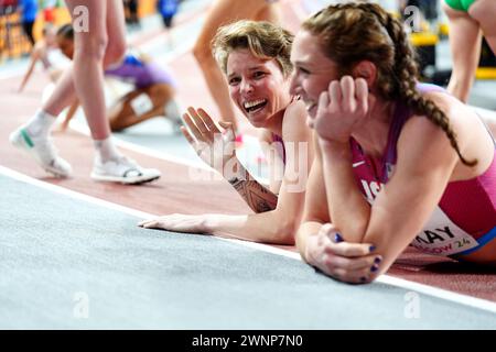 USA's Emily Mackay and Nikki Hiltz after the Women's 1500m Final during day three of the World Indoor Athletics Championships at the Emirates Arena, Glasgow. Picture date: Sunday March 3, 2024. Stock Photo