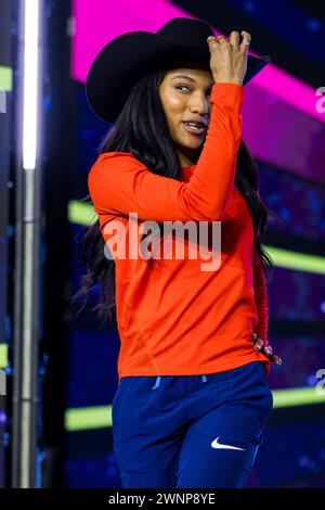 Glasgow, Scotland. 03 March 2024.  Tara DAVIS-WOODHALL (USA) enters for the women’s long jump final   Credit: Raymond Davies / Alamy Live News Stock Photo