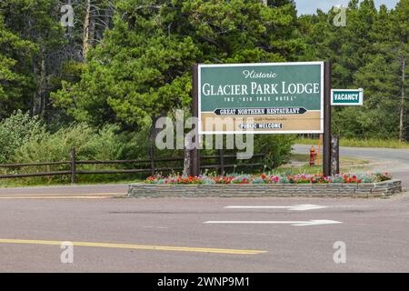 Sign for the historic Glacial Park Lodge at Glacier National Park in East Glacier Park, Montana Stock Photo